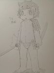  anthro armor big_eyes clothing cub eyebrows fundoshi kemono male monochrome navel nipples open_mouth plain_background sirotae_konnta sketch solo sword underwear weapon young 