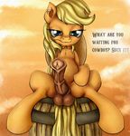  2014 animal_genitalia animated applejack_(mlp) balls barrel bedroom_eyes blonde_hair cock_pointing_towards_viewer crossgender ear_piercing earth_pony english_text equine feral freckles friendship_is_magic fur green_eyes hair horse horsecock long_hair looking_at_viewer male mammal my_little_pony neko-me orange_fur penis piercing pony precum sitting solo straw submissive_pov text 