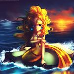  adagio_dazzle_(eg) anthro anthrofied breasts covering covering_breasts female friendship_is_magic hair hi_res jack-a-lynn jewelry long_hair looking_at_viewer mermaid my_little_pony orange_hair outside pink_eyes sea smile solo sunset water 