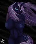  abstract_background absurd_res anthro bedroom_eyes big_breasts black_fur blue_eyes breasts cutie_mark equine female friendship_is_magic fur hair hi_res horn lipstick long_hair looking_at_viewer mammal my_little_pony navel nightmare_rarity_(mlp) nipples purple_hair pussy smile solo standing turnstylz unicorn 