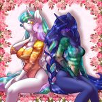 2015 anthro blush cleavage clothed clothing duo equine eyes_closed eyeshadow female friendship_is_magic horn makeup mammal mrfatcakes my_little_pony princess_celestia_(mlp) princess_luna_(mlp) sitting winged_unicorn wings 