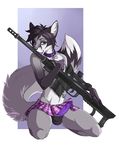  2015 anthro canine clothing collar demicoeur erection fox girly gun licking male mammal penis poking_out ranged_weapon rifle skirt sniper_rifle solo tattoo teasing tenting tongue tongue_out underwear weapon 