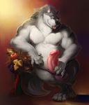  2015 alpha0 anthro apple big_penis canine chubby fruit grapes leaves male mammal masculine musclegut muscles nipples penis solo tongue tongue_out wolf 