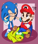  brown_hair crossover eyes_closed facial_hair faster-by-choice group hair hat headband male mario mario_bros mustache nintendo pikachu pok&eacute;mon sega sonic_(series) sonic_the_hedgehog super_smash_bros video_games 