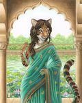  2015 anthro breasts brown_hair claws clouded_leopard devani dress feline female garden hair india jewelry kacey leopard looking_at_viewer mammal pink_nose pond shawl solo 