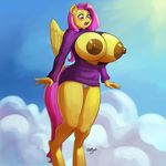  2015 anthro anthrofied big_breasts blush breasts clothing cloud colored digital_media_(artwork) equine female fluttershy_(mlp) friendship_is_magic fur hair huge_breasts kevinsano keyhole_turtleneck mammal my_little_pony nipples open_mouth panties pegasus pink_hair plain_background sky solo sweater teal_eyes underwear white_background wings yellow_fur zwitterkitsune 