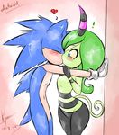  against_wall anthro blush buxom couple dullvivid duo gloves horn kissing male sega sonic_(series) sonic_lost_world sonic_the_hedgehog surprise wide_hips zeena zeti 