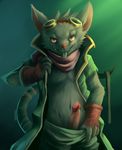  anthro buckteeth clothing digital_media_(artwork) dripping erection eyewear gloves goggles half-length_portrait league_of_legends looking_at_viewer male mammal navel nurinaki pants_pull partially_clothed penis poking_out precum rat rodent scarf signature solo standing twitch undressing vest video_games 