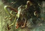  ambiguous_gender avian bird carapace dutch_angle eyeless feather feral group magic_the_gathering monster moss nightmare_fuel official_art open_mouth plant quadruped restricted_palette ruins ryan_barger solo_focus tentacles walking wall 