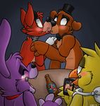  2015 animatronic anthro avian beak bear beverage bird blue_eyes blush bonnie_(fnaf) canine cellphone chica_(fnaf) chicken eye_patch eyewear five_nights_at_freddy&#039;s fox foxy_(fnaf) freddy_(fnaf) gay group happy hat humor kissing lagomorph laugh machine male mammal mechanical phone purple_eyes rabbit robot smile spin_the_bottle xiamtheferret yellow_eyes 