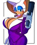  anthro bat big_breasts breasts cleavage clothed clothing female gun holding_weapon huge_breasts looking_at_viewer mammal ranged_weapon rouge_the_bat sega smile solo sonic_(series) supersonicrulaa weapon 