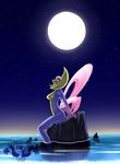  2014 anthro anthrofied breasts cresselia digital_media_(artwork) female latiar moon night nintendo nude outside pink_eyes pok&eacute;mon pok&eacute;morph side_view sitting smile solo star translucent_wings video_games water wings 