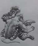  canine claws clothing dog dogo_argentino duo ear_piercing embrace facade female gloves male mammal mixed_martial_arts mma mohawk muscles piercing shorts sinistervibe sitting striped_hyena stripes traditional_media_(artwork) wrestling wynne 