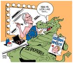  2012 anthropomorphism carlos_latuff dialogue dragon duo english_text european_union female freedom_of_expression green_skin hair human islam islamophobia_(character) make-up male mammal metaphor obese open_mouth overweight political_cartoon politics scalie speech_bubble swastika tan_skin text white_hair 