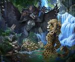  acino_(character) ambiguous_gender anthro blue_eyes breasts butt canine cheetah claws collar duo earnings feline female forest fox green_eyes hair hioshiru_(character) mammal nature nipples nude outside sharley tree water waterfall wings 