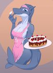  2014 5_fingers abstract_background anthro apron big_breasts blue_eyes breasts cake cleavage clothed clothing female fish food licking_fingers looking_at_viewer marine neracoda neracoda_(character) shark skimpy solo standing 