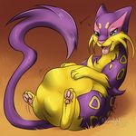  2015 4_toes ambiguous_gender belly bulge fangs feral fur grass happy liepard mammal markings nintendo open_mouth pawpads paws pok&eacute;mon purple_fur sharp_teeth solo tartii teeth toes tongue tongue_out video_games vore yellow_fur 