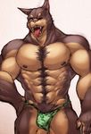  2014 abs anthro biceps big_muscles brown_fur bulge camo canine clothed clothing doberman dog fangs fur green_eyes half-dressed istani male mammal masculine muscles nipples one_eye_closed open_mouth pecs solo tan_fur teeth thong tongue tongue_out topless wink 