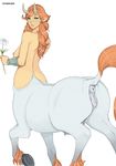  anus armlet blush breasts centaur etheross flower furry green_eyes highres horns horse_tail large_breasts looking_at_viewer looking_back pussy red_hair simple_background solo tail 