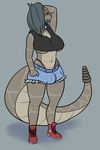  2014 anthro areola arm_behind_head atrolux black_sclera blue_tongue breasts brown_scales bulge clothed clothing cutoffs denim_shorts dickgirl fangs forked_tongue front_view grey_scales hair half-closed_eyes intersex kyra long_hair panties rattlesnake reptile scalie shirt shorts skimpy slit_pupils snake sneakers solo standing tank_top thick_tail tongue under_boob underwear 