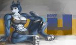  abs anthro biceps big_breasts blue_fur blue_hair breasts canine female fur hair hopey mammal muscles muscular_female pose solo weaselwolf 