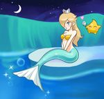  1girl artist_request blonde_hair blue_eyes blush breasts cleavage clothed clothing crown duo female hair looking_at_viewer luma mario_bros mermaid moon nintendo rosalina_(mario) rosetta_(mario) solo super_mario_bros. super_mario_galaxy unknown_artist video_games 