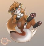  2015 anthro beige_background blue_eyes blush breasts brown_fur canine chest_tuft ear_piercing facial_markings female fox fur jewelry looking_at_viewer mammal markings masturbation metalfox open_mouth pawpads paws piercing plain_background pussy pussy_juice solo tuft 