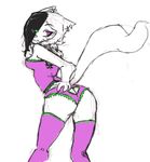  anthro black_hair butt cat clothed clothing corset darkminou ear_piercing feline female hair hair_over_eye hairpin legwear lingerie looking_back mammal panties piercing purple_eyes skelette sketch solo thigh_highs underwear 