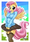  2015 anthro blue_eyes clothed clothing cute cutie_mark digital_media_(artwork) equine female fluttershy_(mlp) friendship_is_magic hair legwear mammal my_little_pony mysticalpha necklace pegasus pink_hair skirt smile solo standing stockings wings 