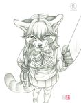  2015 anthro bow breasts clothed clothing dress evil female foreshortening high-angle_shot kacey knife legwear mammal monochrome pencil_(artwork) purse red_panda schoolgirl skimpy solo stockings traditional_media_(artwork) yandere young 