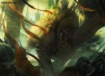  ambiguous_gender banner blindfold charging city cityscape destruction feral fleeing group harness human johann_bodin magic_the_gathering male mammal official_art perspective quadruped restricted_palette rhinoceros weapon 