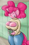 alternate_hairstyle anthro anthrofied big_breasts blue_eyes blush book breasts cleavage clothed clothing earth_pony equine female friendship_is_magic hair half-closed_eyes holding horse inside keyhole_turtleneck lockers looking_at_viewer mammal my_little_pony pink_hair pinkie_pie_(mlp) pony sanders solo sweater 