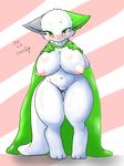  2014 3_toes anne_(cocolog) anthro big_breasts blush breasts cape cocolog english_text female fur gloves green_eyes handymonsters looking_at_viewer navel nipples solo standing text toes unknown_species white_fur wide_hips 