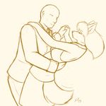  2015 anthro bald bowmanswolf brown_and_white canine cleft_chin clothed clothing couple dancing duo female flat_chested florence_ambrose freefall fur hair human long_hair male mammal pants plain_background romantic sketch skirt starfighter vest white_background winston_thurmad wolf 