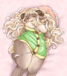  anthro bed blonde_hair breasts caprine curved_horns exposed_breasts female fur goat grey_fur hair horizontal_pupils horn kemono long_hair lying mammal nipples on_back pillow pussy setouchi_kurage solo sweater 