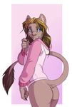  anthro blonde_hair blue_eyes bottomless butt demicoeur feline fur girly hair hoodie lion long_hair looking_back male mammal piercing solo tail_tuft tuft 