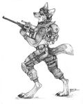  2014 backpack canine collaboration coyote coyox eyewear goggles gun knee_pads knife male mammal monochrome qzurr ranged_weapon smirk solo standing traditional_media_(artwork) weapon 