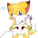  anthro bandai canine cat crystaltail digimon duo feline female fox gatomon male mammal penis pussy sitting straight string 