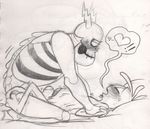  ! &lt;3 bed big_dom_small_sub blush bone duo eyes_closed gay interspecies lord_hater lying male on_bed orgasm pencil_(artwork) penis size_difference skeleton sweat traditional_media_(artwork) wander wander_over_yonder 