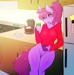  2015 anthro anthrofied avante92 berry_punch_(mlp) bottomless clitoris clothing coffee cup earth_pony equine female friendship_is_magic fur hair horse kitchen mammal my_little_pony phone pink_eyes pony ponytail purple_fur purple_hair pussy shirt solo wide_hips 