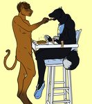  2015 anthro bib black_fur blue_eyes bound brown_fur canine cat diaper digital_media_(artwork) duo eating_shit feces feline fur green_eyes hair highchair infantilism lionsilverwolf male mammal nipples nude open_mouth plain_background scat sheath smile tied_down tongue white_fur wolf 