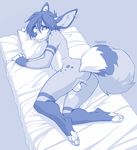 2015 anthro balls bed canine claws cute digital_media_(artwork) ear_piercing fluffy_tail fox fur hair looking_at_viewer lying male mammal miakoda nude on_side pawpads paws piercing pillow solo toe_claws wolfy-nail 