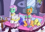  2014 annoyed applejack_(mlp) atane18 bed blonde_hair blue_eyes bowl disgusted duo equine female freckles friendship_is_magic green_eyes hair hi_res horn inside mammal mud_mask my_little_pony pillow rarity_(mlp) robe spa table towel unicorn 