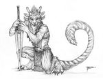  2014 ambiguous_gender charr claws clothing collaboration coyox fangs feline guild_wars horn hybrid kneeling loincloth mammal markings monochrome multiple_ears qzurr smirk solo sword traditional_media_(artwork) video_games weapon 