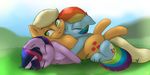  2015 applejack_(mlp) blonde_hair captainpudgemuffin cuddling cute earth_pony equine eyes_closed female feral freckles friendship_is_magic grass green_eyes group hair horn horse hug mammal multicolored_hair my_little_pony outside pegasus pink_hair pony purple_hair rainbow_dash_(mlp) text twilight_sparkle_(mlp) unicorn wings young 