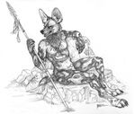  2014 african_wild_dog canine collaboration coyox ear_piercing male mammal monochrome necklace penis piercing polearm qzurr reclining rock sheath smile solo spear traditional_media_(artwork) tribal utunu 