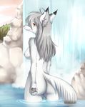  anthro breasts butt canine female fox fur hair long_hair looking_away mammal nipples solo water waterfall white-castle white_fur 