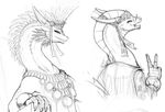  2014 anthro black_and_white claws dragon etheross female feral lizard looking_at_viewer monochrome open_mouth plain_background reptile scales scalie sketch white_background 