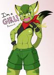 abs angry blush breasts carol_tea cat clothing fangs feline female fingerless_gloves freedom_planet gloves gradient_background green_eyes hair kloe_(artist) mammal open_mouth scarf shirt shirt_lift shorts small_breasts solo stripes teeth text 