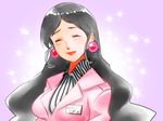  agata_no_michi black_hair blush closed_eyes earrings formal jewelry lala_voice long_hair smile solo striped suit 
